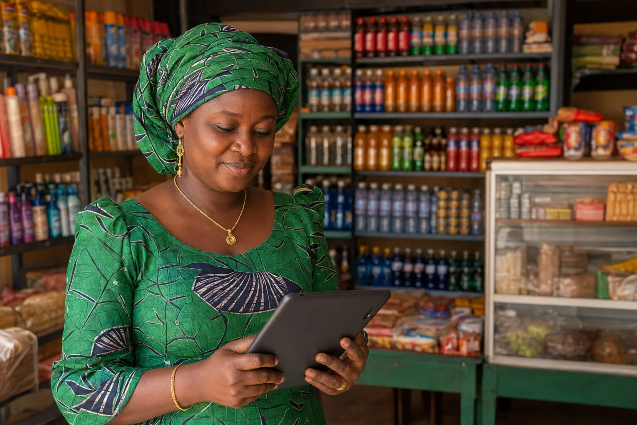 Une commerçante consulte sa tablette au milieu des rayons de sa boutique